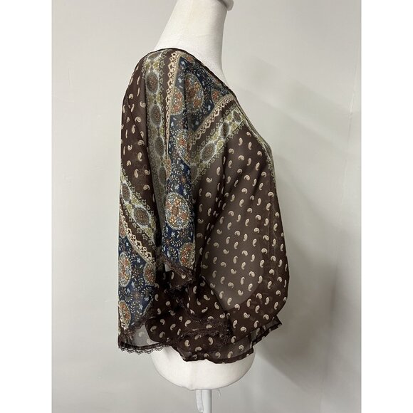 Vtg Y2K MUDD Large Sheer Blouse Top Brown Floral Western Prairie Boho Grunge - Picture 3 of 5